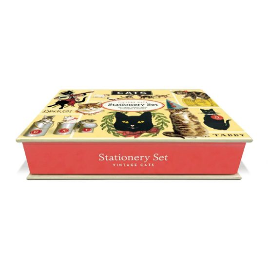 Caja del set de papelería con ilustraciones vintage de gatos